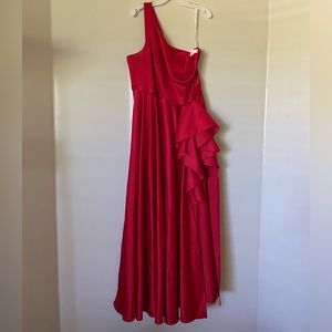*SOLD* asymmetrical red silk Divid’s Bridal prom dress